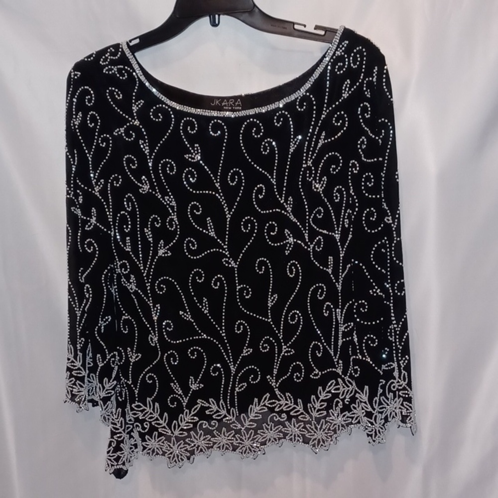 JK Ara beautiful black Beaded fancy top, assymetrical hem, sparkly,  L